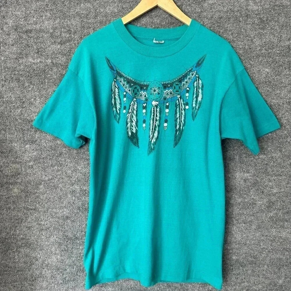 Vintage‎ 90s Southwestern Shirt Womens Large Teal Feathers Boho Art Festival Tee
